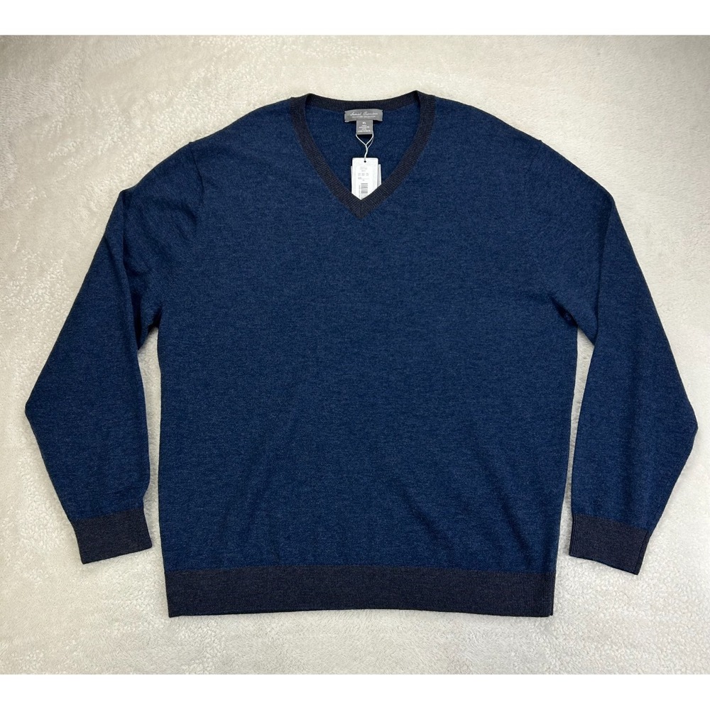NWT Daniel Cremieux V-Neck Sweater Pullover Mens XL Navy Blue Contrast Trim Knit